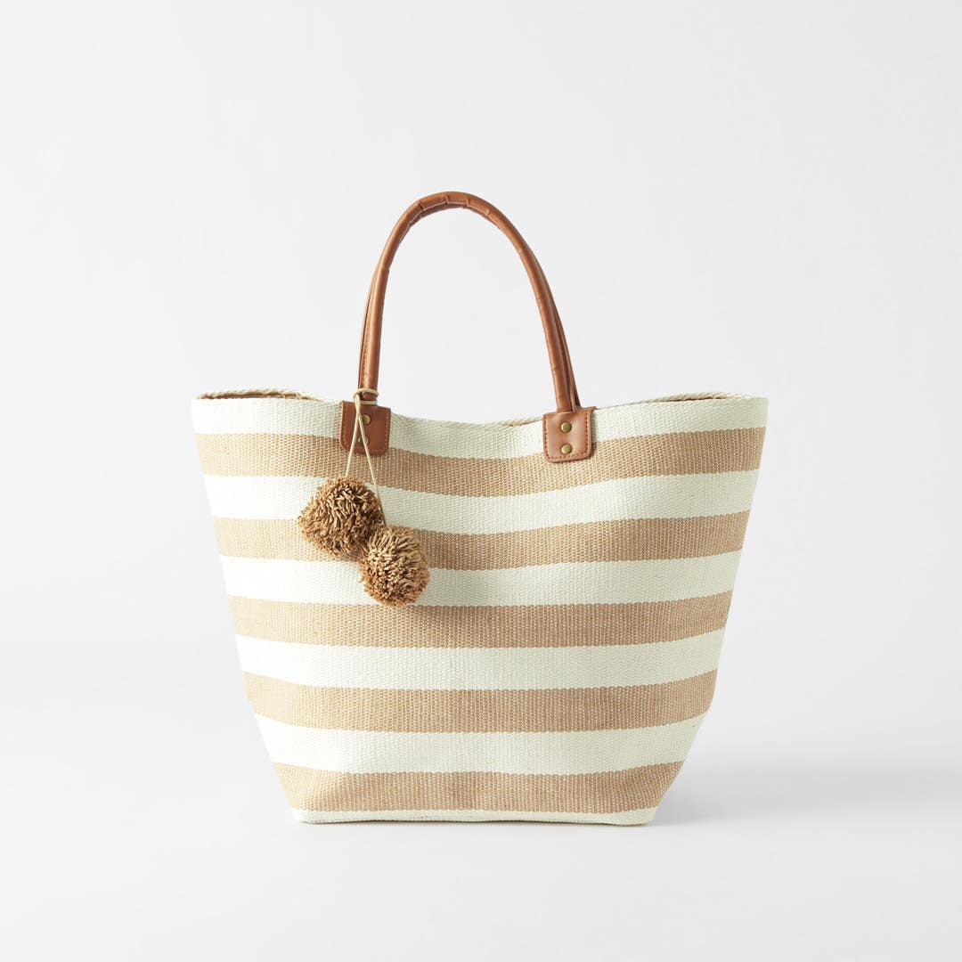 Striped Tote With Pom Pom