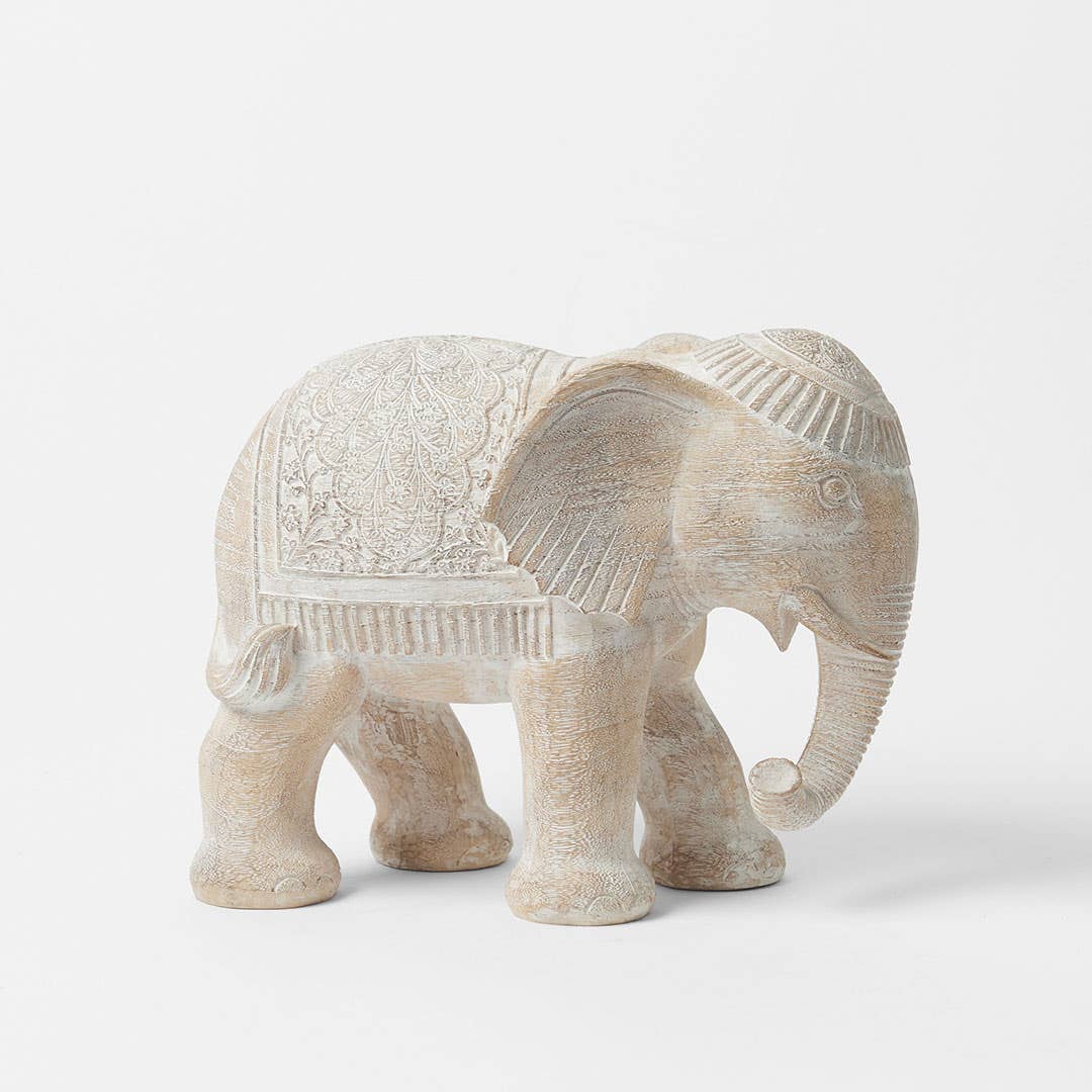 White Washed Carved Elephant Small