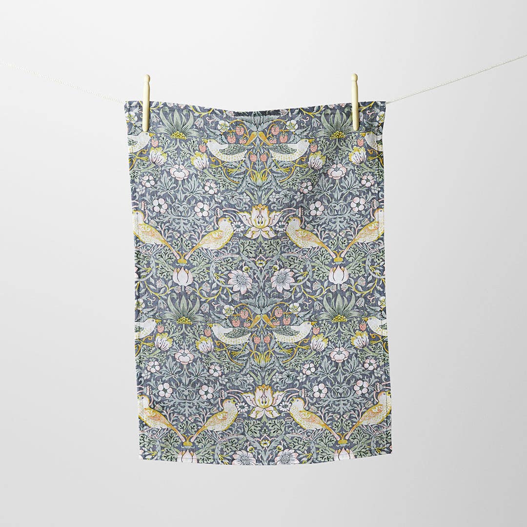 Strawberry Thief Linen Tea Towel - Slate Blue